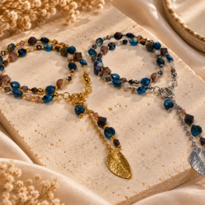 modulaire ketting blauw tijgeroog bruine agaat goud zilver