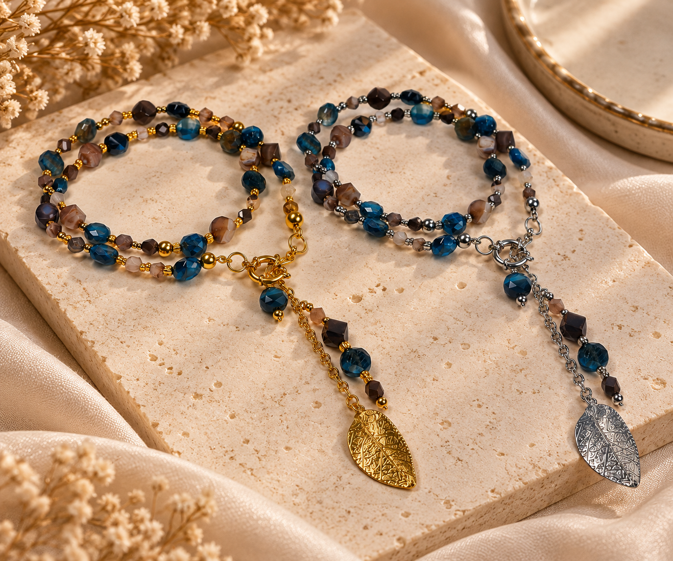 modulaire ketting blauw tijgeroog bruine agaat goud zilver modulaire ketting blauw tijgeroog bruine agaat goud zilver