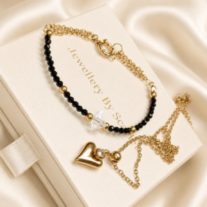 Talis & Love Spark Gold-Filled sieradenset met hartjesketting en armband met zwarte toermalijn