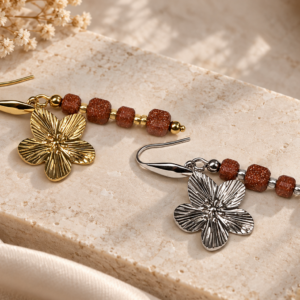 woestijnzand oorbellen met bloem goud zilver